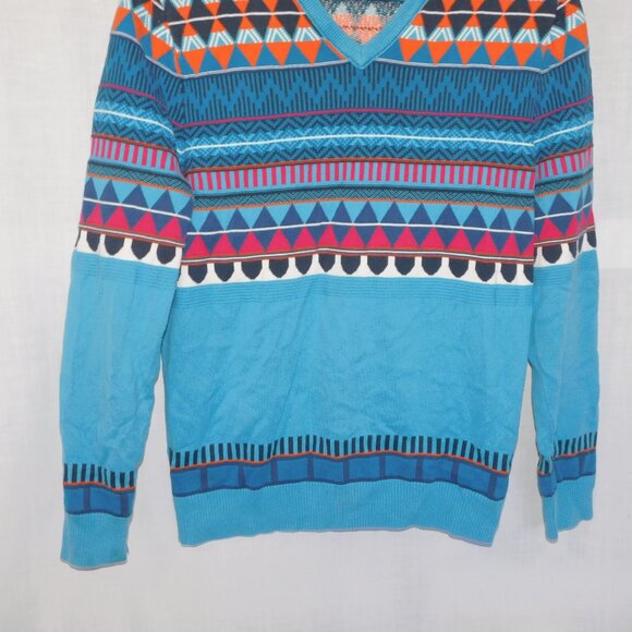 MEXX Metropolitan Mens L Slim Fit Blue Southwest Fair Isle Sweater V neck - Picture 3 of 9